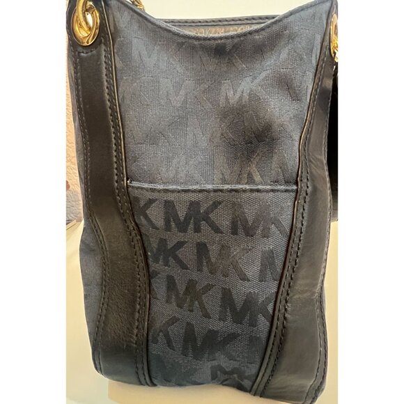 Michael Kors MK Jacquard Canvas Leather Large Drawstring Shoulder Tote Bag Purse - Picture 3 of 13